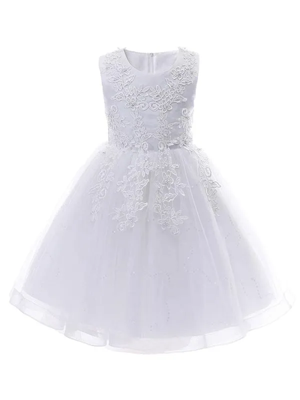 Lovely Pink Lace Tulle Flower Girl Dresses Jewel Neck Sleeveless Embroidered Kids Party Dresses