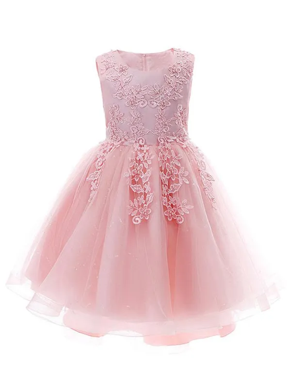 Lovely Pink Lace Tulle Flower Girl Dresses Jewel Neck Sleeveless Embroidered Kids Party Dresses