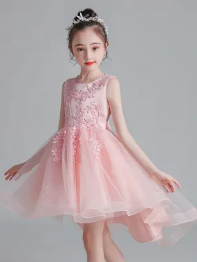 Lovely Pink Lace Tulle Flower Girl Dresses Jewel Neck Sleeveless Embroidered Kids Party Dresses