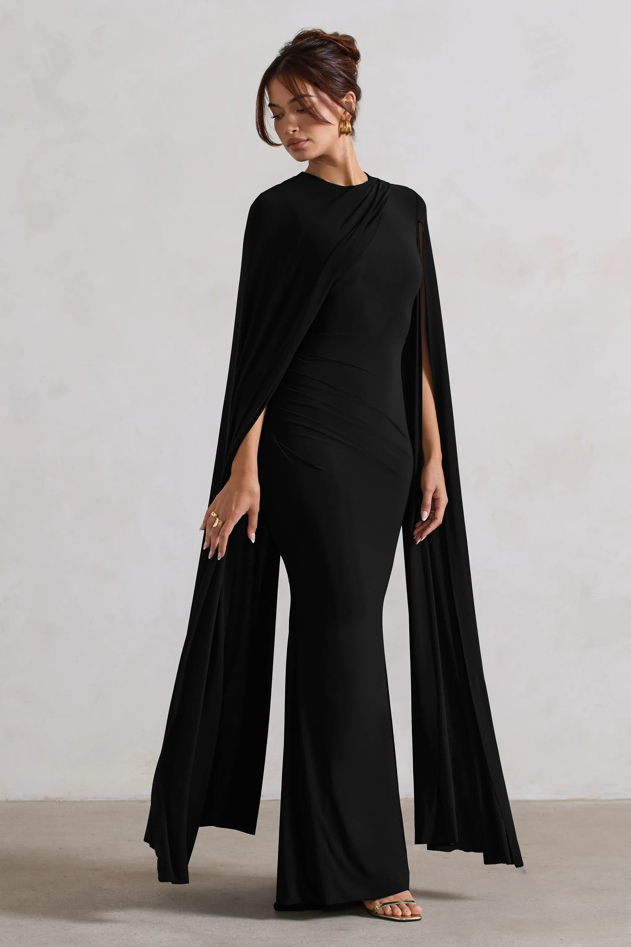 Magdelena | Black Asymmetric Cape Maxi Dress