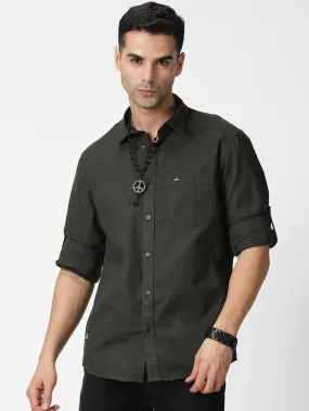 MEN'S DK OLIVE SOLID SLIM FIT SHIRT