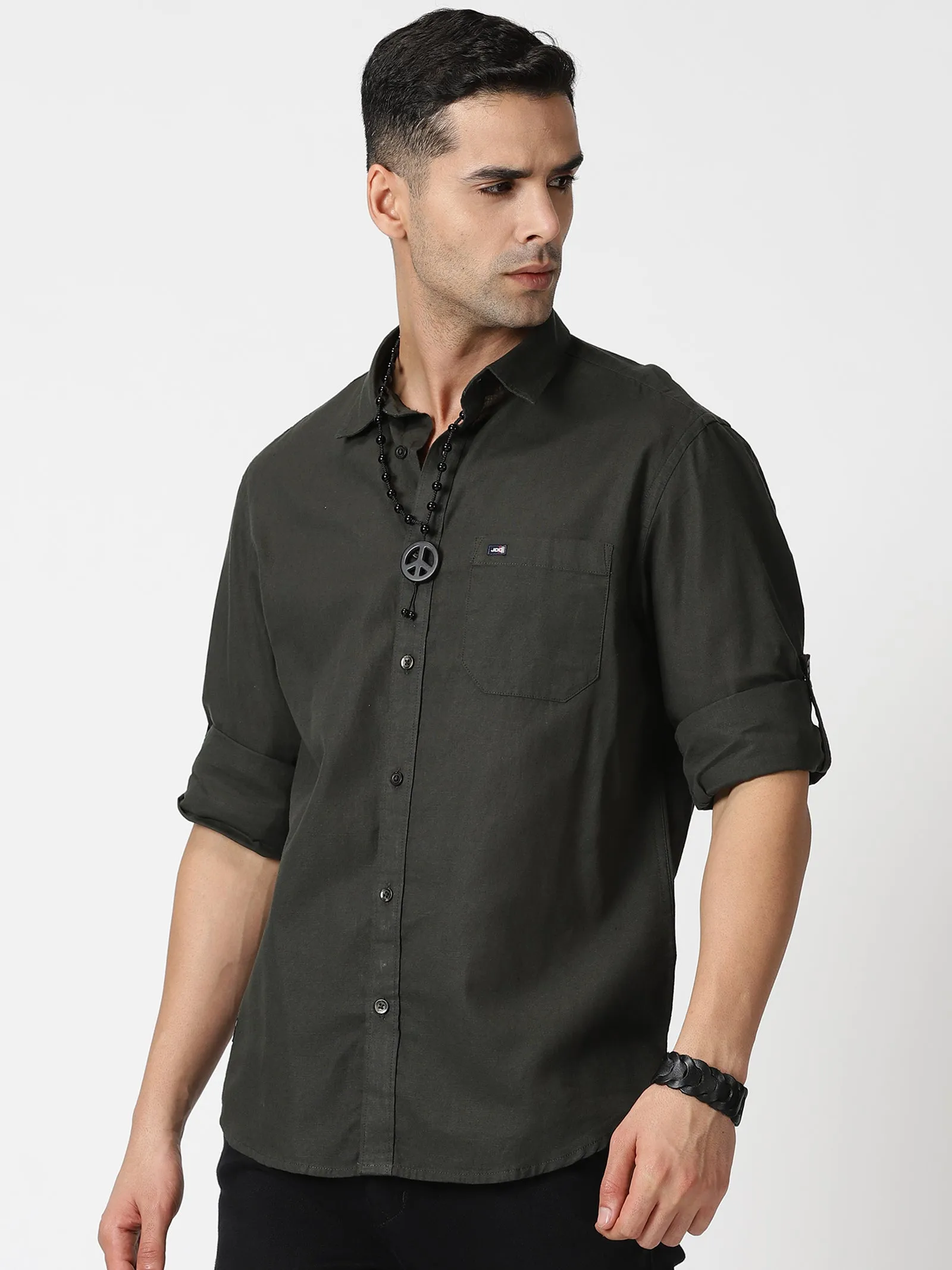 MEN'S DK OLIVE SOLID SLIM FIT SHIRT