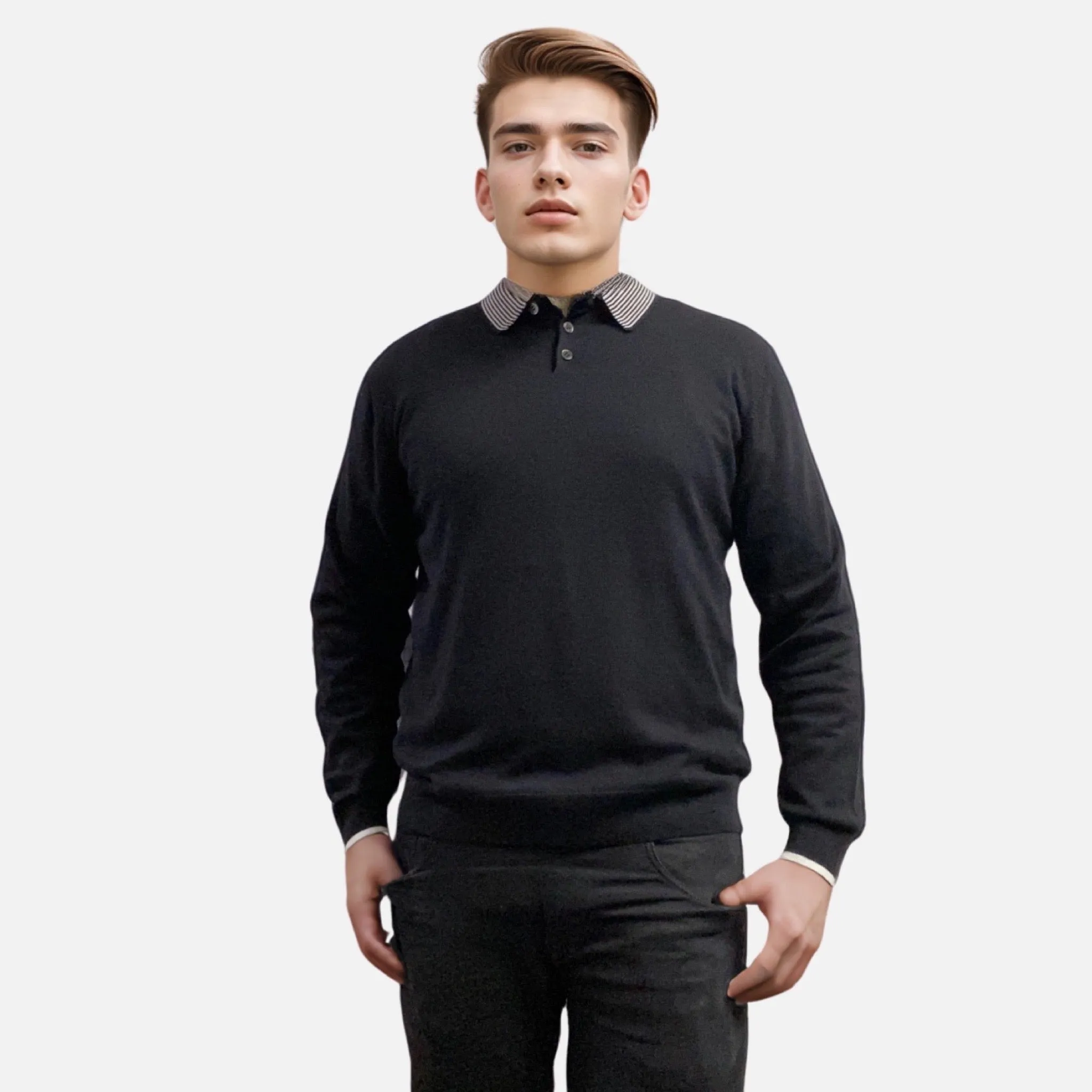 Men’s Lightweight Contrast Polo Collar Sweater Black | Classic Fit