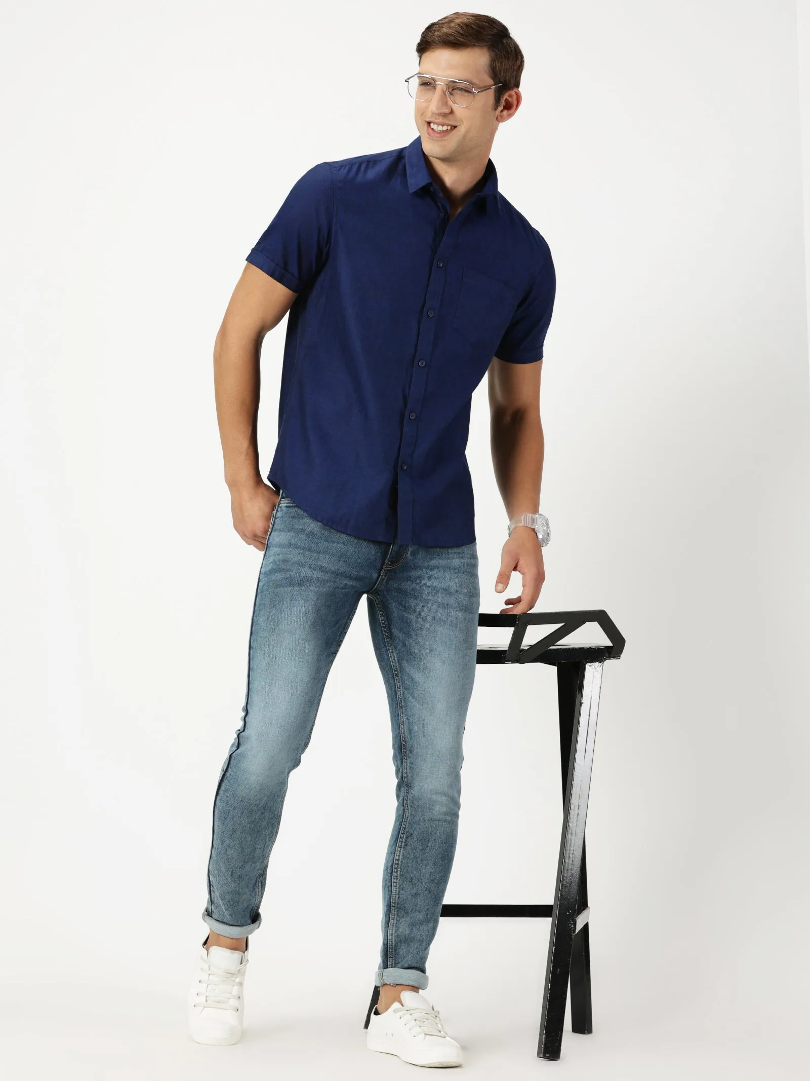 MEN'S  ROYAL BLUE SOLID COTTON LINEN SLIM FIT SHIRT