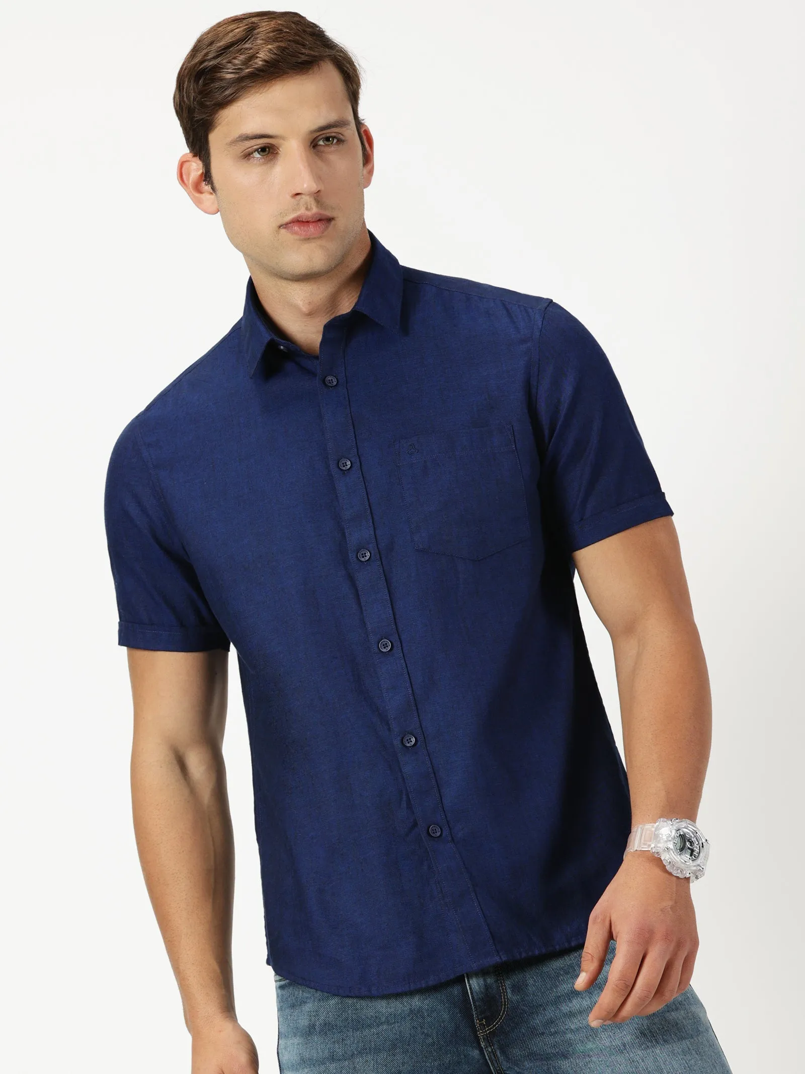 MEN'S  ROYAL BLUE SOLID COTTON LINEN SLIM FIT SHIRT