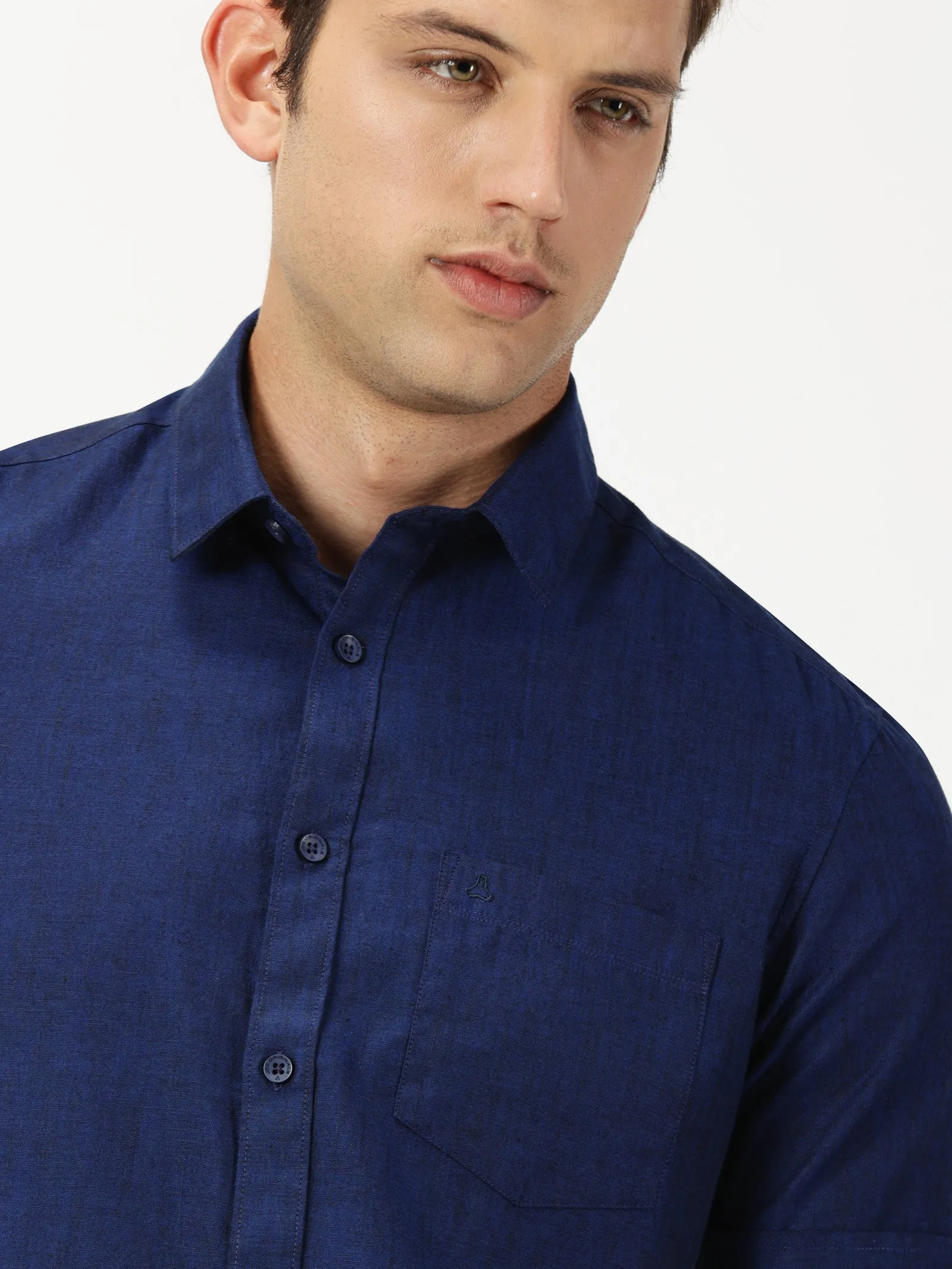 MEN'S  ROYAL BLUE SOLID COTTON LINEN SLIM FIT SHIRT