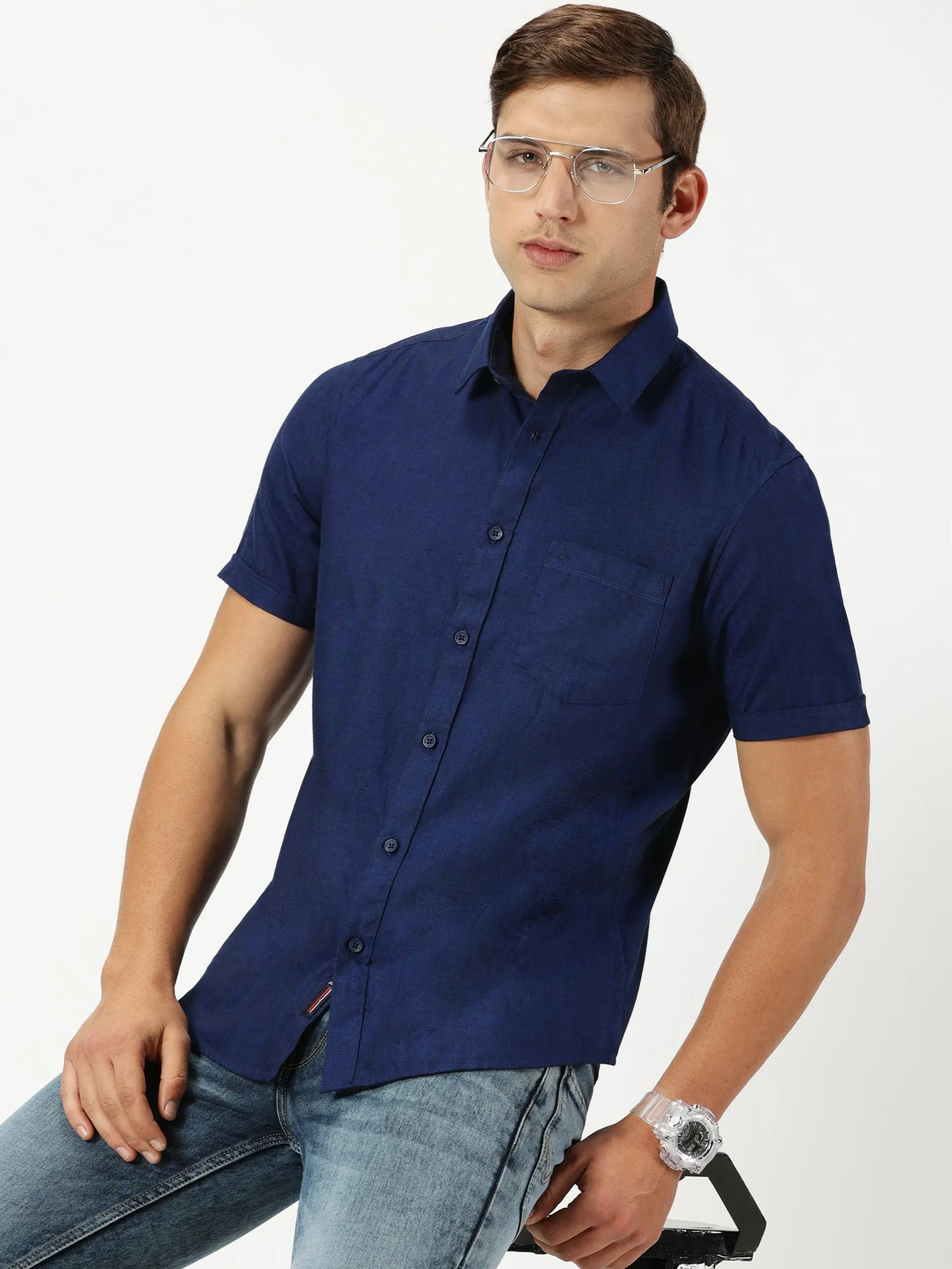 MEN'S  ROYAL BLUE SOLID COTTON LINEN SLIM FIT SHIRT