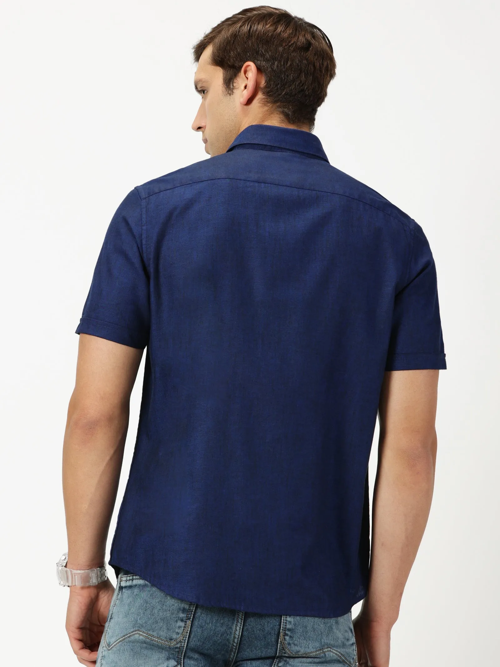 MEN'S  ROYAL BLUE SOLID COTTON LINEN SLIM FIT SHIRT