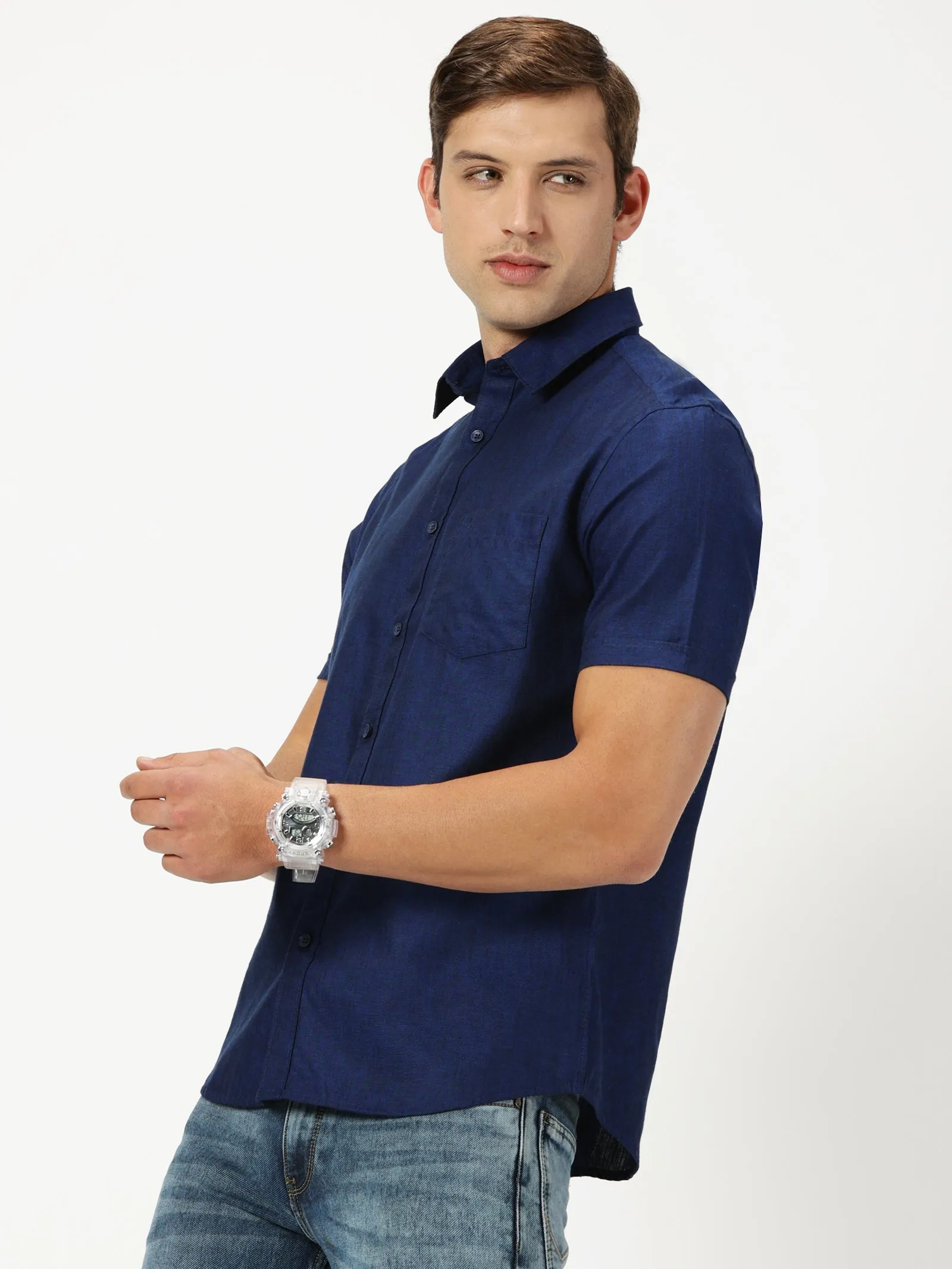 MEN'S  ROYAL BLUE SOLID COTTON LINEN SLIM FIT SHIRT