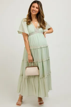 Mint Crochet Lace Tiered Maternity Maxi Dress