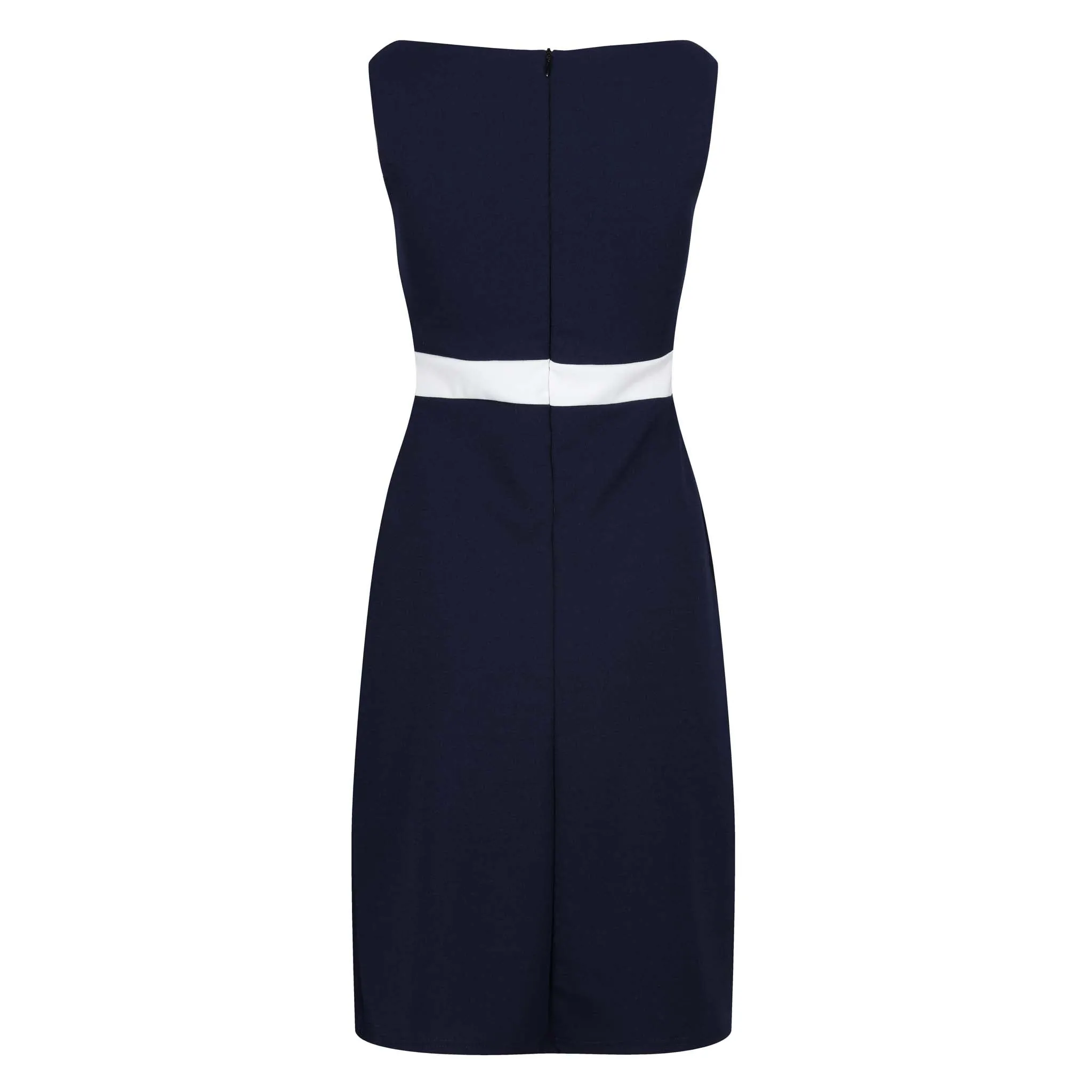 Navy Blue and White Sleeveless Button Detail Bodycon Midi Dress