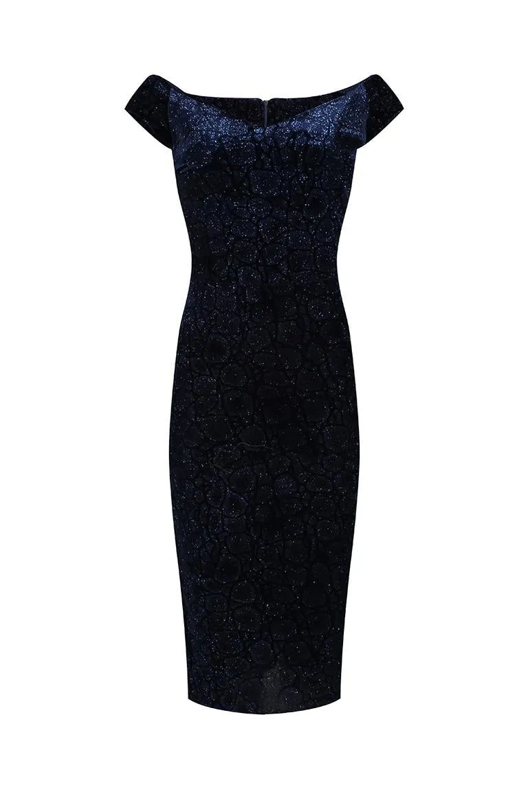 Vintage Navy Blue Animal Print Velvet Capped Sleeve Wiggle Dress