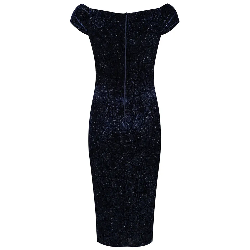 Vintage Navy Blue Animal Print Velvet Capped Sleeve Wiggle Dress