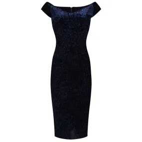 Vintage Navy Blue Animal Print Velvet Capped Sleeve Wiggle Dress