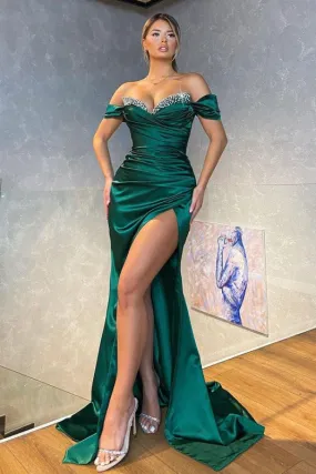 Off-the-Shoulder Mermaid Prom Dress Split - Dark Green