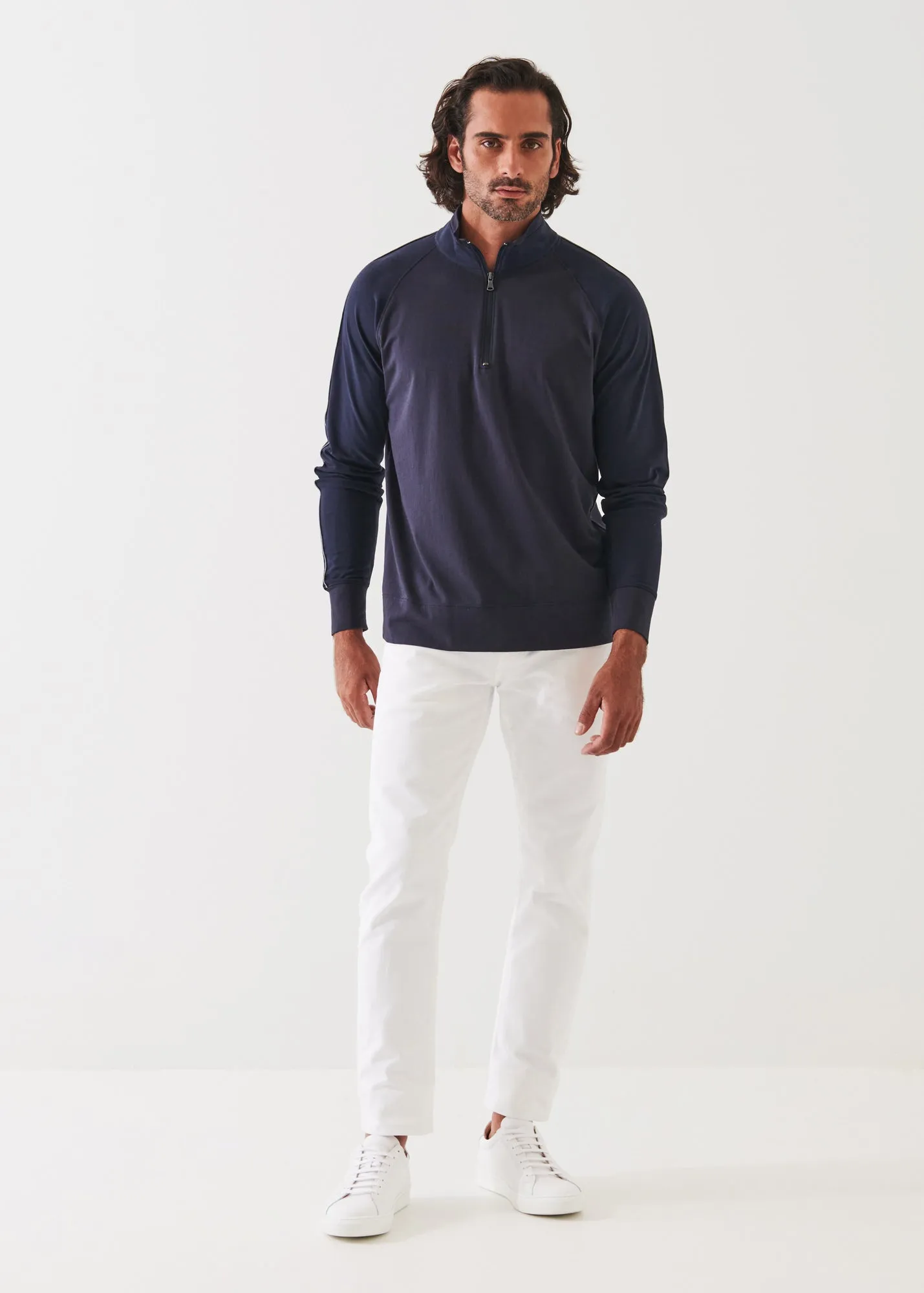 PIMA COTTON STRETCH PIPED ZIP MOCK