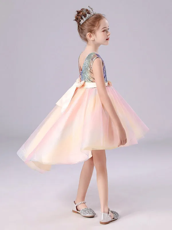 Pink Flower Girl Dresses Tulle Sleeveless Short Princess Dress Bows Formal Kids Dresses