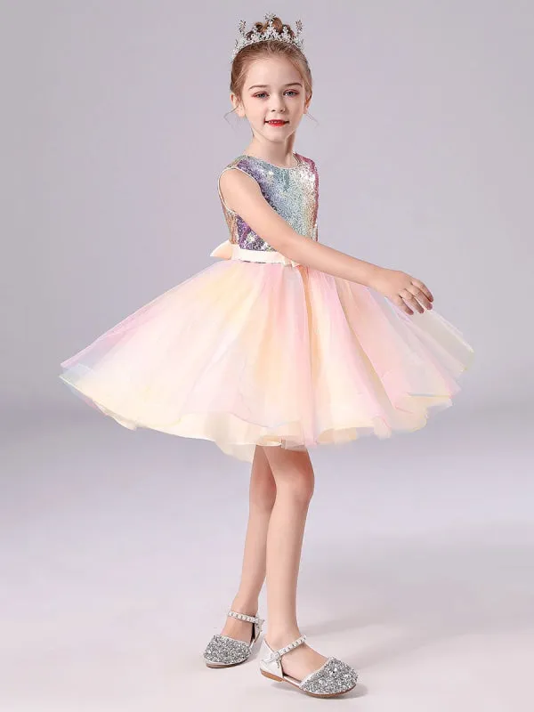 Pink Flower Girl Dresses Tulle Sleeveless Short Princess Dress Bows Formal Kids Dresses