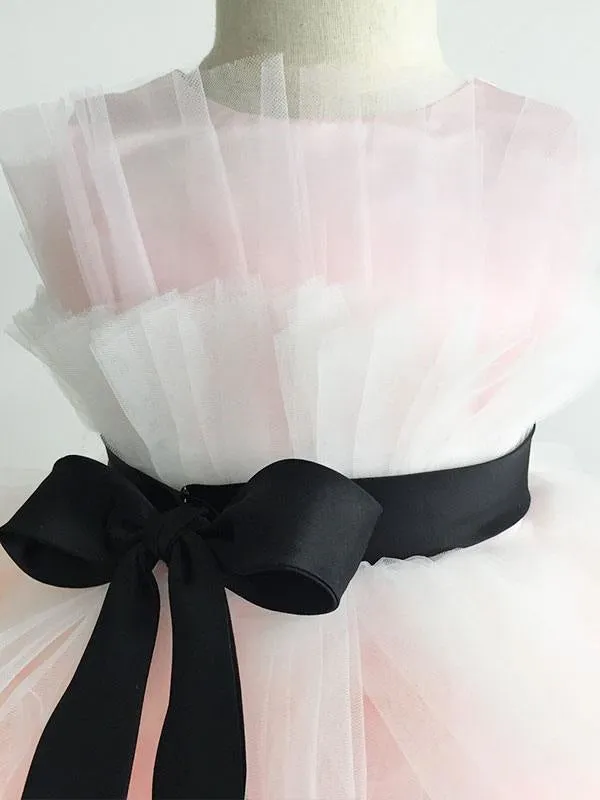 Pink Satin Short Princess Flower Girl Dresses Sleeveless Silhouette Kids Party Dresses