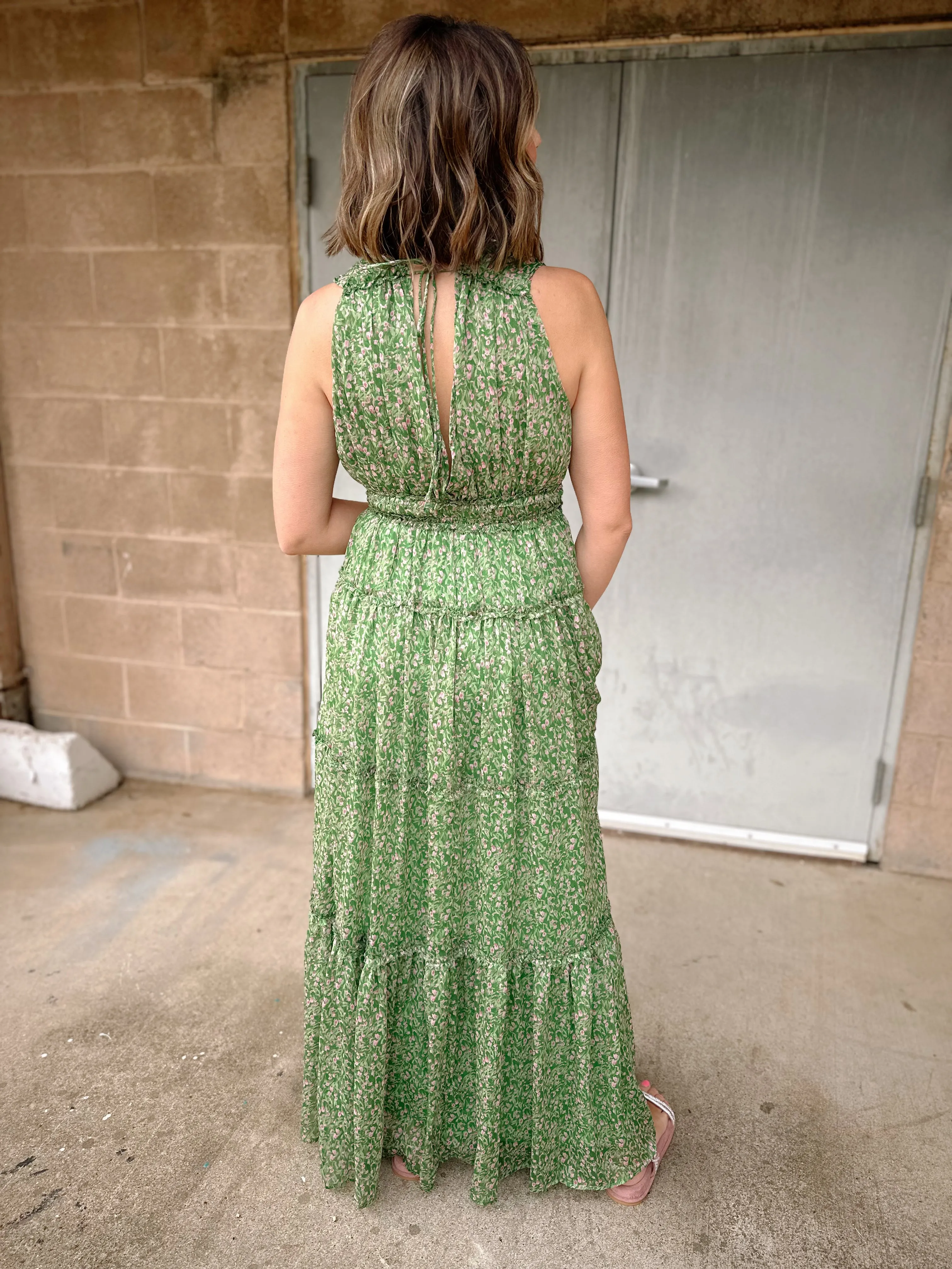 Plunge Tiered Ruffle Maxi Dress | Green Pink Floral | FINAL SALE