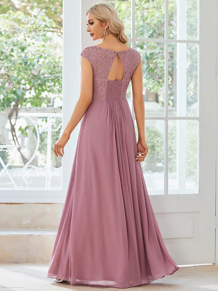 Plus Cap Sleeve A Line Lace & Chiffon Bridesmaid Dress