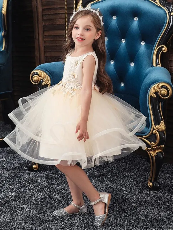 Polyester Sleeveless Knee-Length Ball Gown Flower Girl Dresses with Bows