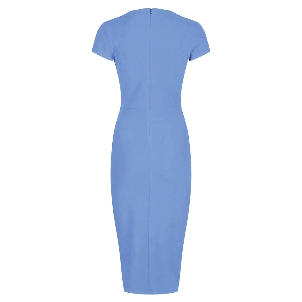 Pretty Blue Deep V Cap Sleeve Bodycon Ruched Waist Wiggle Dress