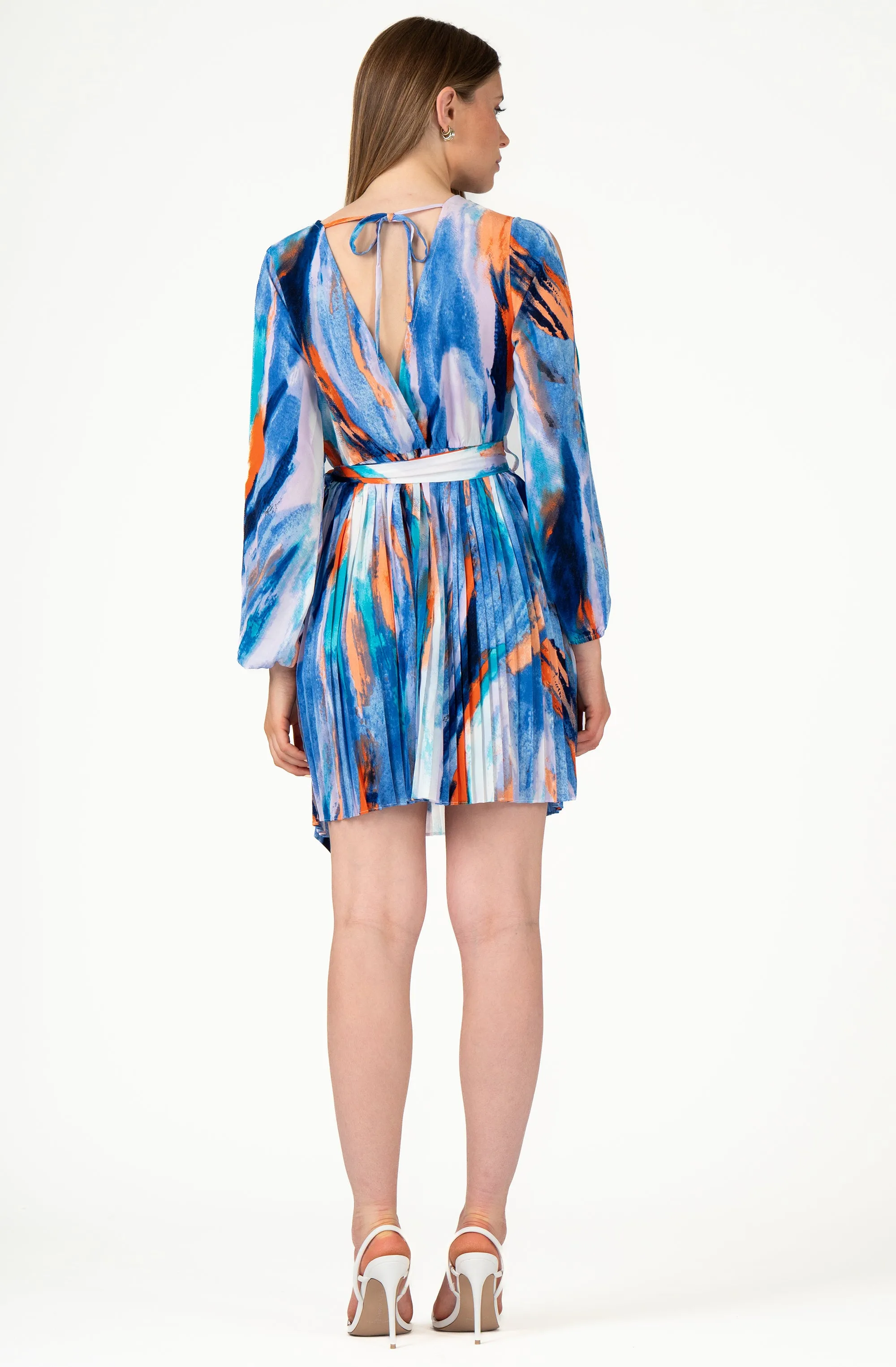 Printed Faux-Wrap Pleated Dress with long cutout sleeves