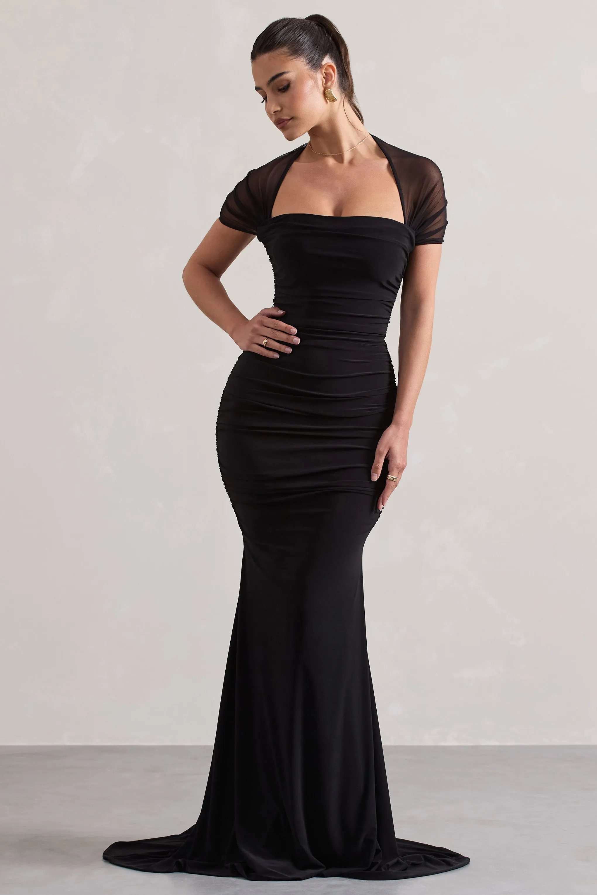 Prophecy | Black Fishtail Maxi Dress With Sheer Sleeves