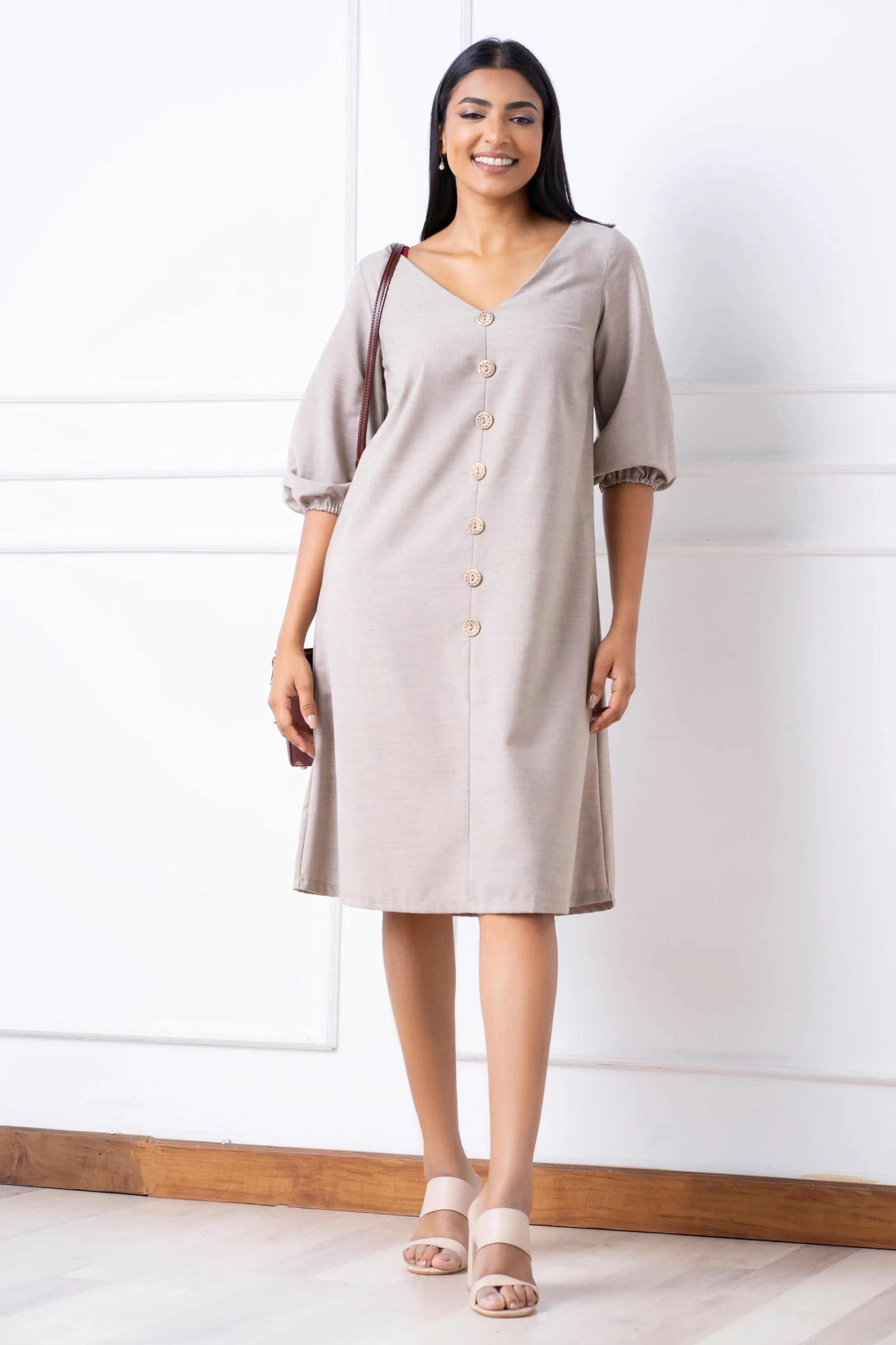 Puff Sleeve Linen Dress - Relaxed Fit