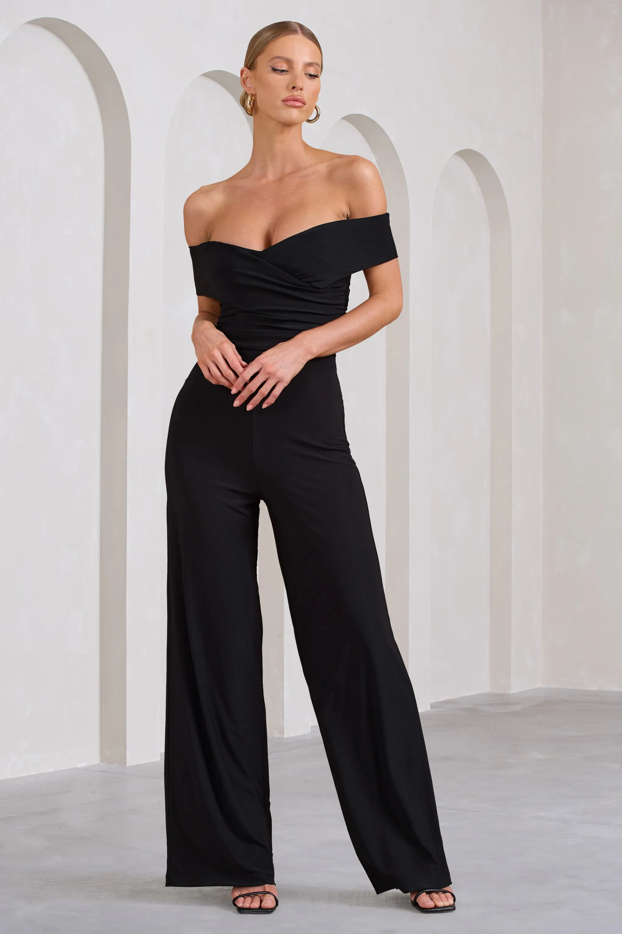 Recognition | Black Off The Shoulder Ruched Jumpsuit