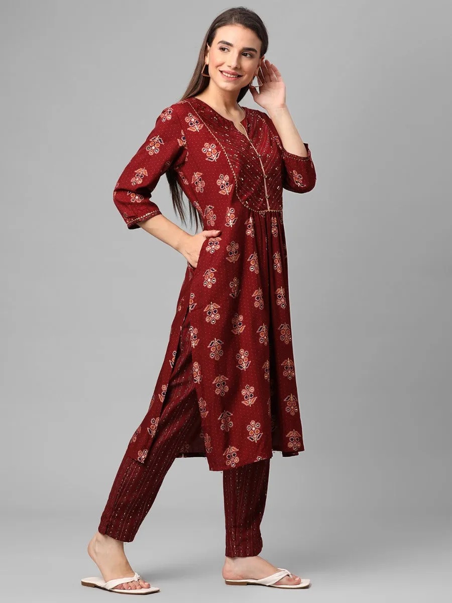 Red Floral Printed Kurta With Trouser