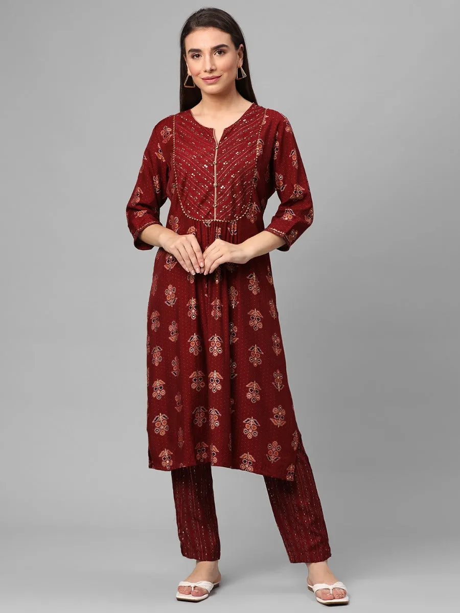 Red Floral Printed Kurta With Trouser