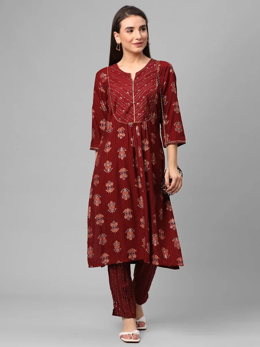 Red Floral Printed Kurta With Trouser