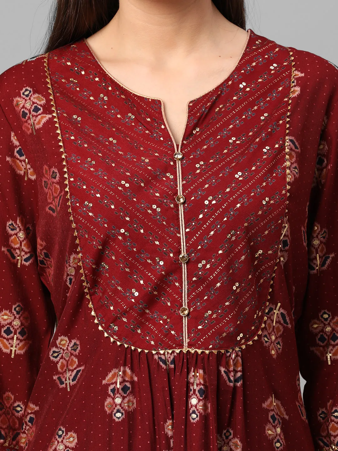 Red Floral Printed Kurta With Trouser