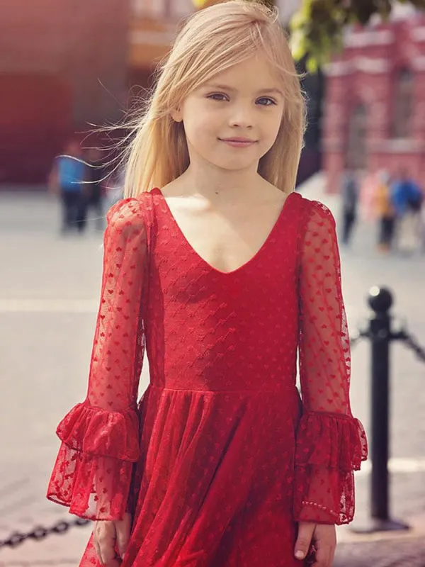 Red V-Neck Flower Girl Dresses Long Sleeves Lace Formal Kids Pageant Dresses