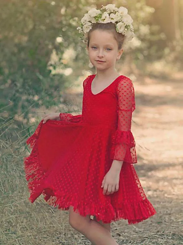 Red V-Neck Flower Girl Dresses Long Sleeves Lace Formal Kids Pageant Dresses