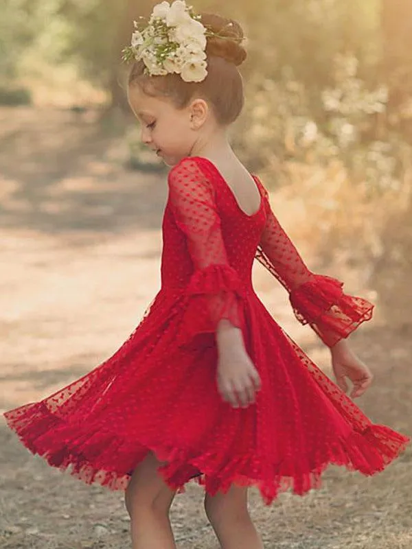 Red V-Neck Flower Girl Dresses Long Sleeves Lace Formal Kids Pageant Dresses