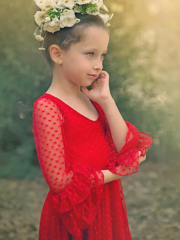 Red V-Neck Flower Girl Dresses Long Sleeves Lace Formal Kids Pageant Dresses