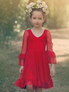 Red V-Neck Flower Girl Dresses Long Sleeves Lace Formal Kids Pageant Dresses