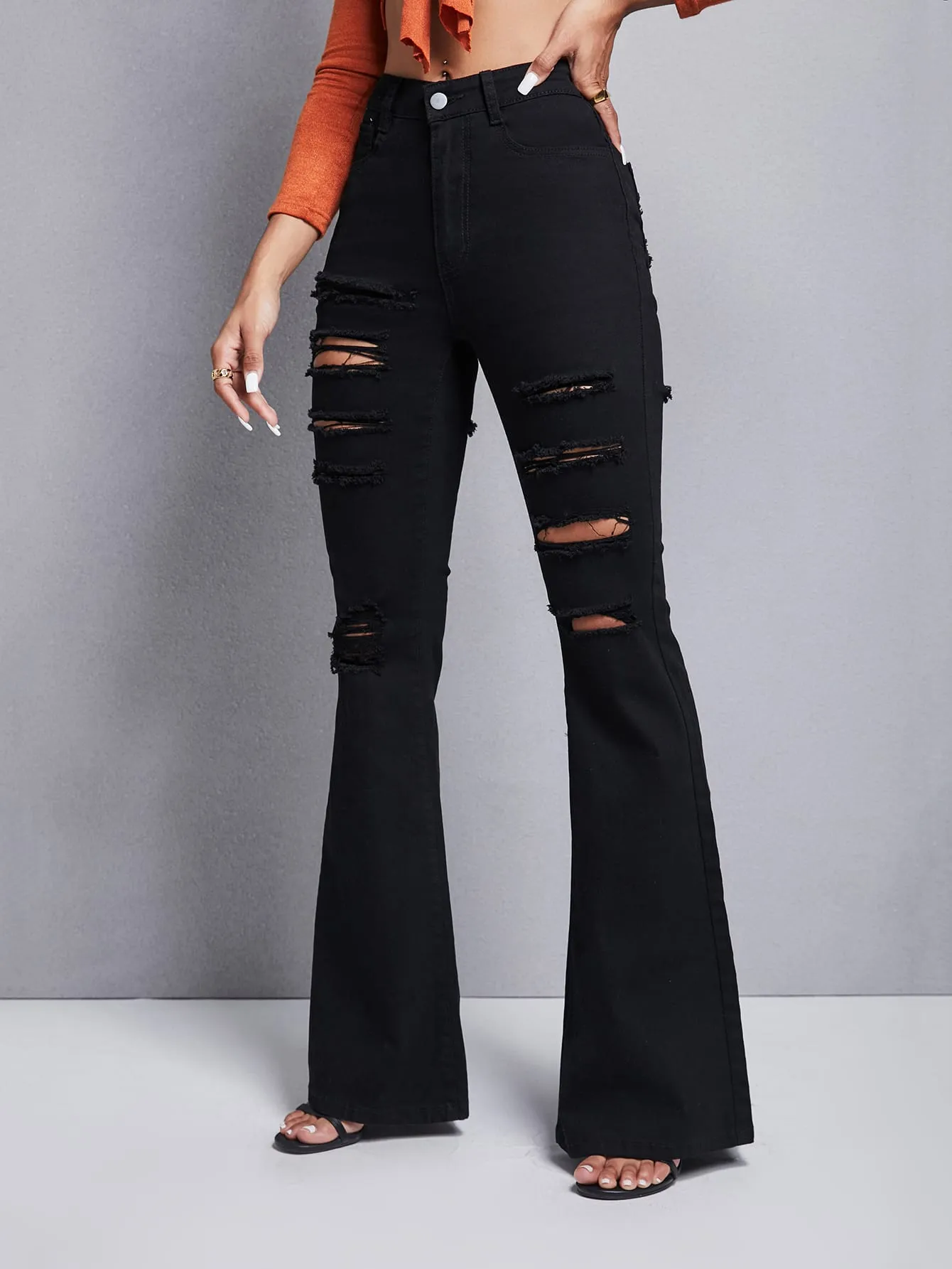 Ripped Frayed Flare Leg Jeans