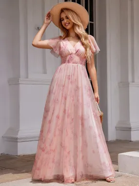 Robe de soirée trapèze en tulle floral col en V manches courtes