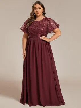 Robe de soirée à manches courtes et col rond à sequins taille haute de grande taille