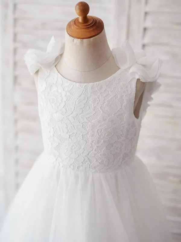 Romantic Pure White Tulle Pearls Flower Girl Dresses Sleeveless A-line Kids Party Dresses