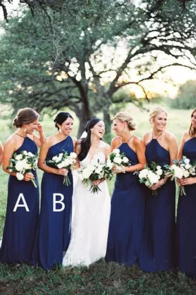 Royal Blue Long Chiffon Simple A Line Sleeveless Bridesmaid Dress