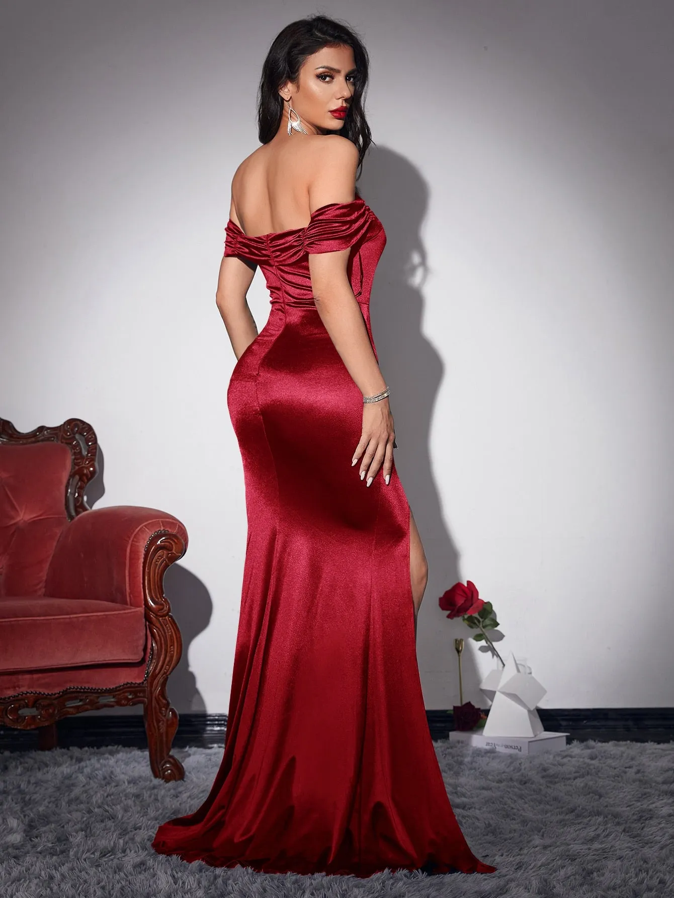 Ruched Off Shoulder Slit Thigh Satin Prom Dress