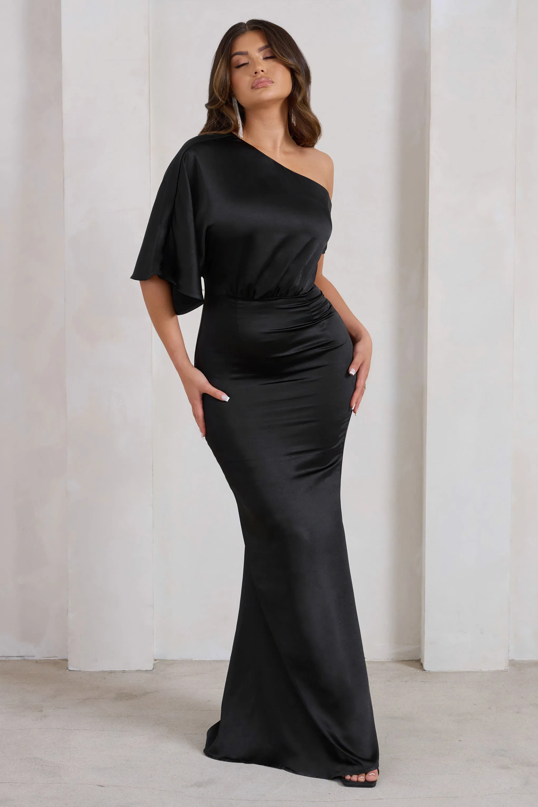 Sabrina | Black Asymmetric Off The Shoulder Satin Maxi Dress