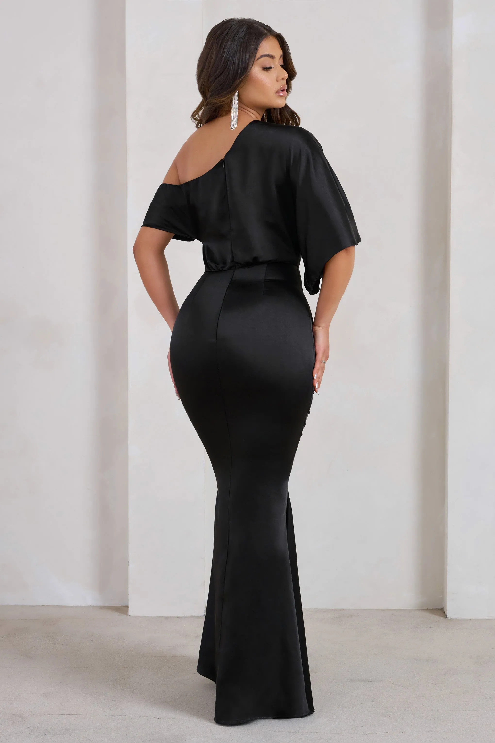 Sabrina | Black Asymmetric Off The Shoulder Satin Maxi Dress