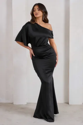 Sabrina | Black Asymmetric Off The Shoulder Satin Maxi Dress