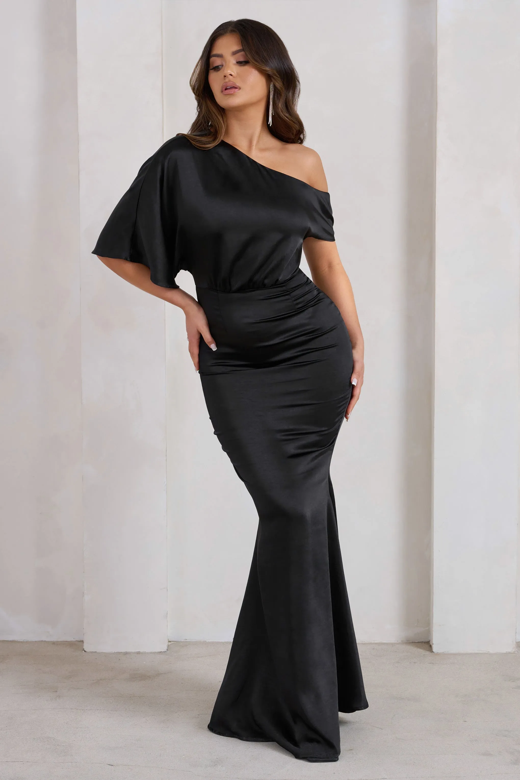 Sabrina | Black Asymmetric Off The Shoulder Satin Maxi Dress